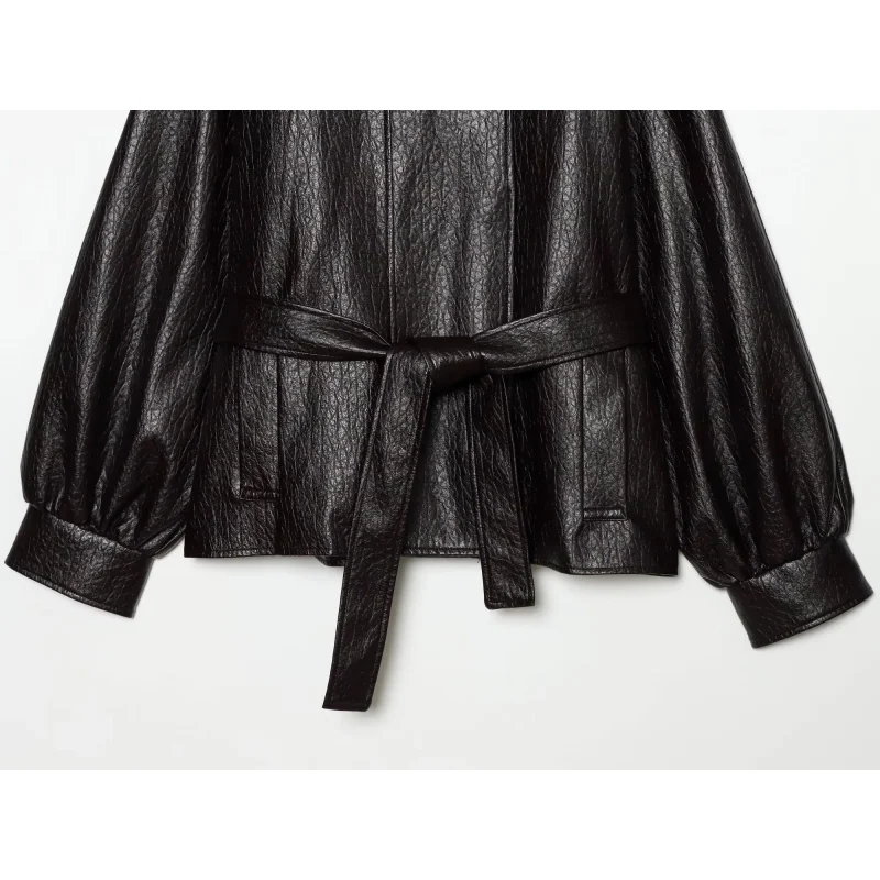 2026 Winter Neue Damen Rollkragen PU-Lederjacke Locker Geschnitten mit Gürtel Warme Schicke Streetwear Damen Reise-Oberbekleidung Jacke – Detail 7