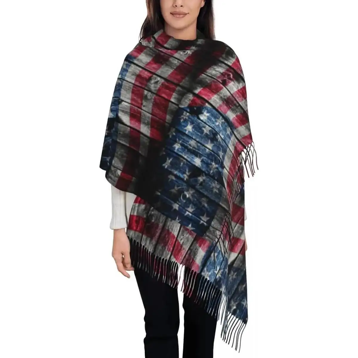 

Шарфы с национальным флагом США, шарфы с принтом в полоску в стиле ретро, зимние мягкие шали с кисточками, палантин, весна-осень, длинная накидка