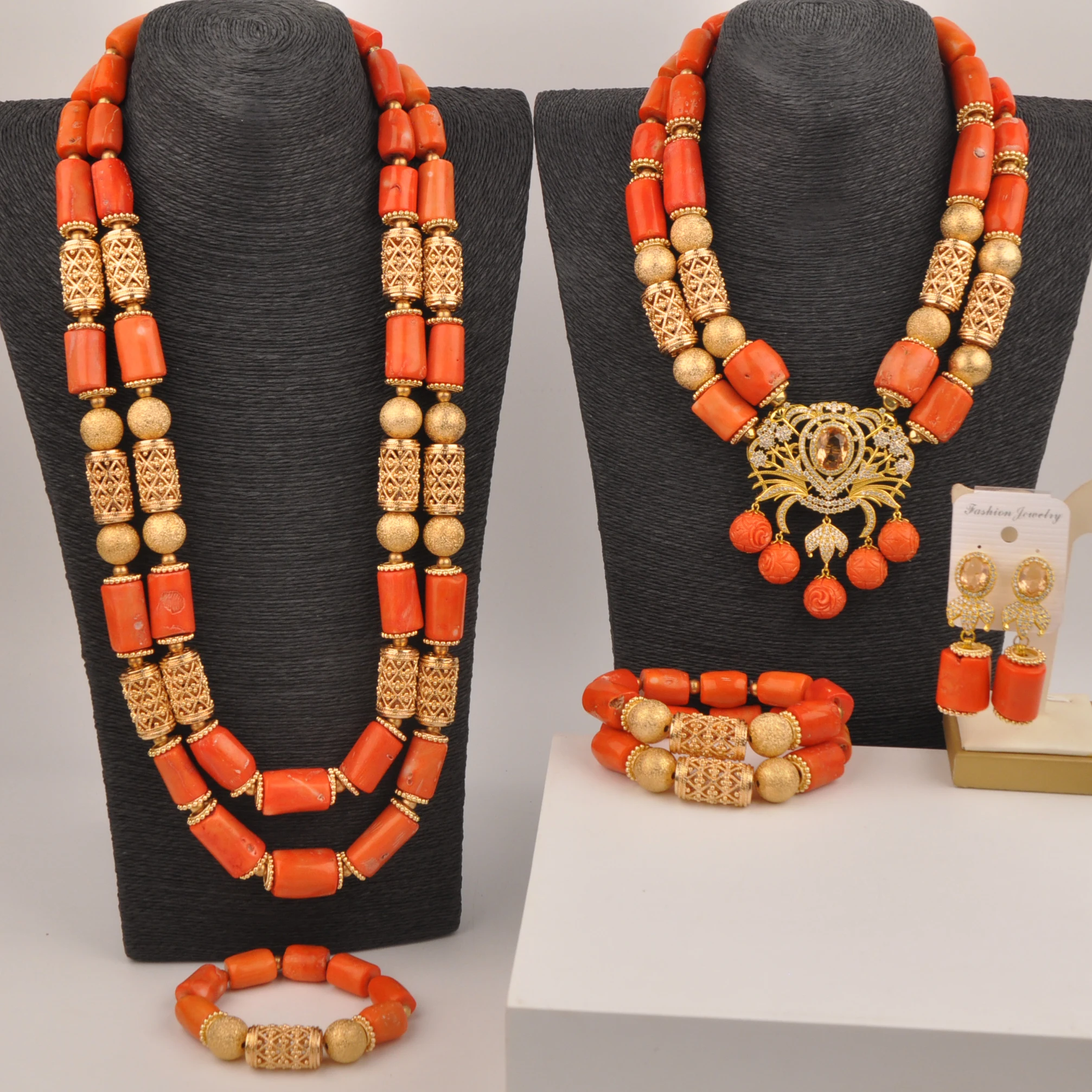 

Nigerian orange coral beads necklace sets African wedding couple jewelry