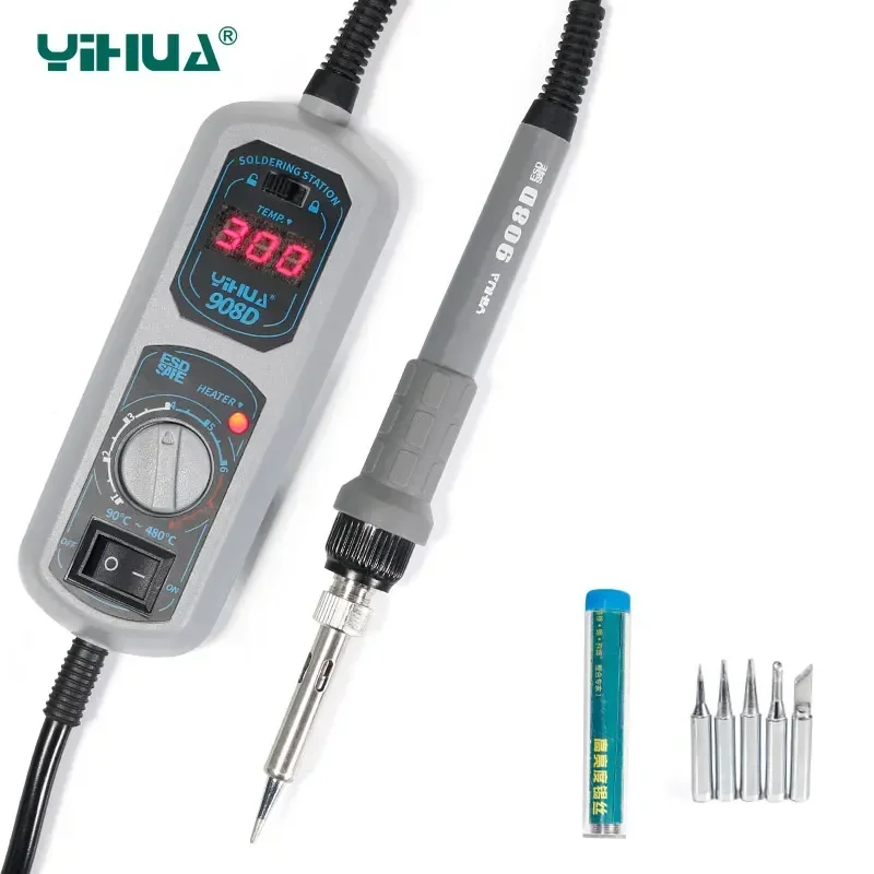 Original 220V/110V YIHUA 908D Soldering Iron Temperature Adjustable Electric Welding Soldering Iron +5tips+stand+tweezers+tin