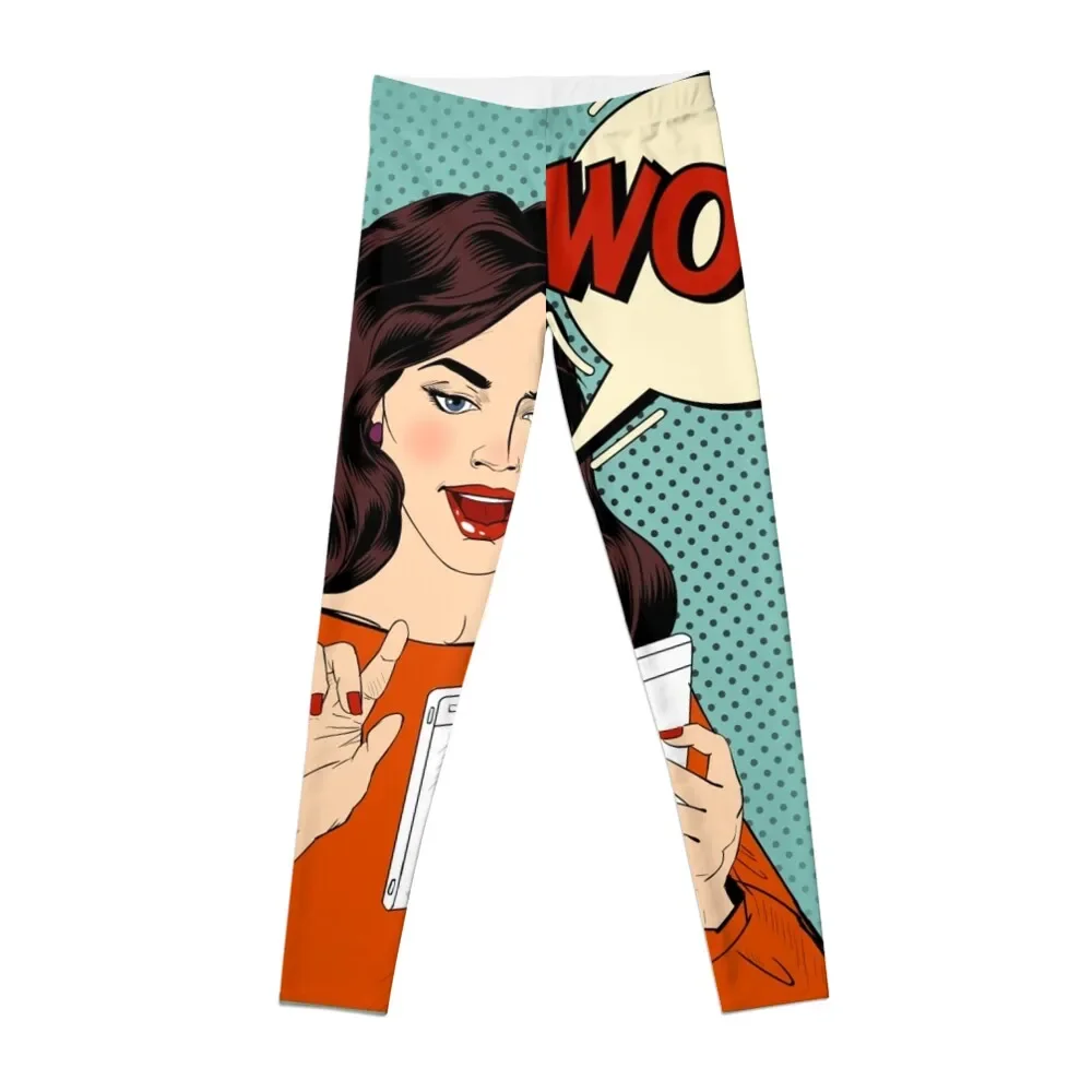 

Surprised Woman with Tablet in Hands and Bubble with Expression Wow. Pop Art Style Leggings