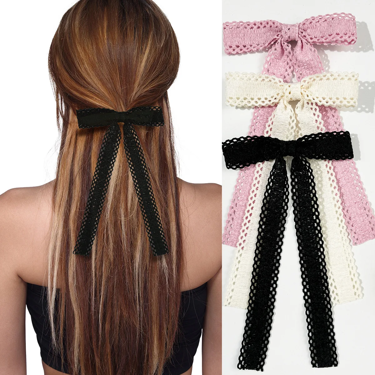 30個入りレース刺繍リボンヘアクリップ、長さ45インチのタッセル付き中空サイドクリップ、女の子と女性用、まとめ買いヘアグリップ、ヘッドウェア