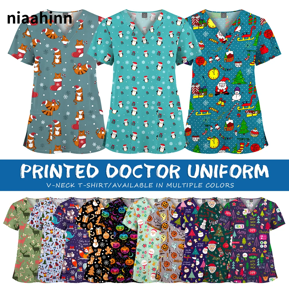 

Рождественские топы с принтом и карманами для женщин и мужчин, медицинские футболки с короткими рукавами, блузка для стоматологической больницы, медсестры, рабочая одежда для ухода за домашними животными