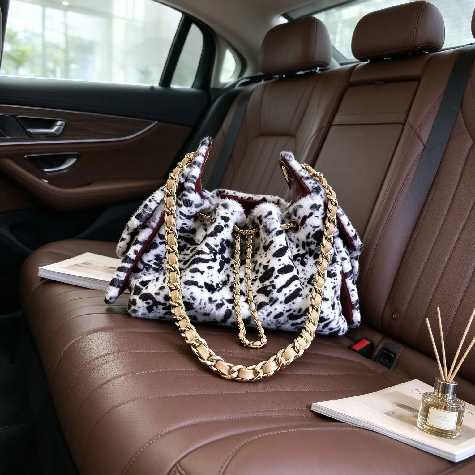 Unisex Cow Print Faux Fur Drawstring Bucket Bag Interwoven Leather Chain Large Capacity Shoulder Crossbody Handbag