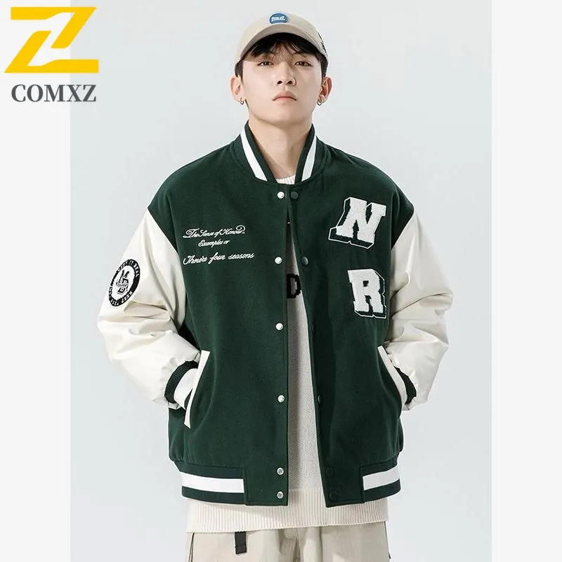 

COMXZ 2025 Winter Men's Casual Baseball Jacket Stand Coller Printed embroidery Windproof Coat Outdoor Tactics Star windbreaker