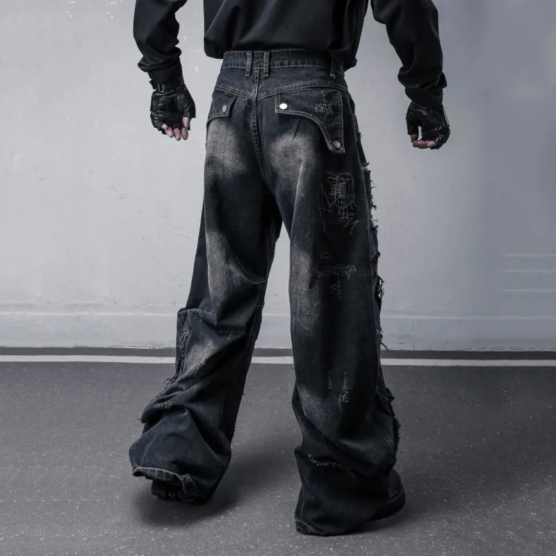HKSH ربيع الخريف جديد الرجال الظلام نمط غسلها خمر المرقعة التطريز المتوترة حافة الجينز فضفاض واسعة الساق الدنيم السراويل HK13295
