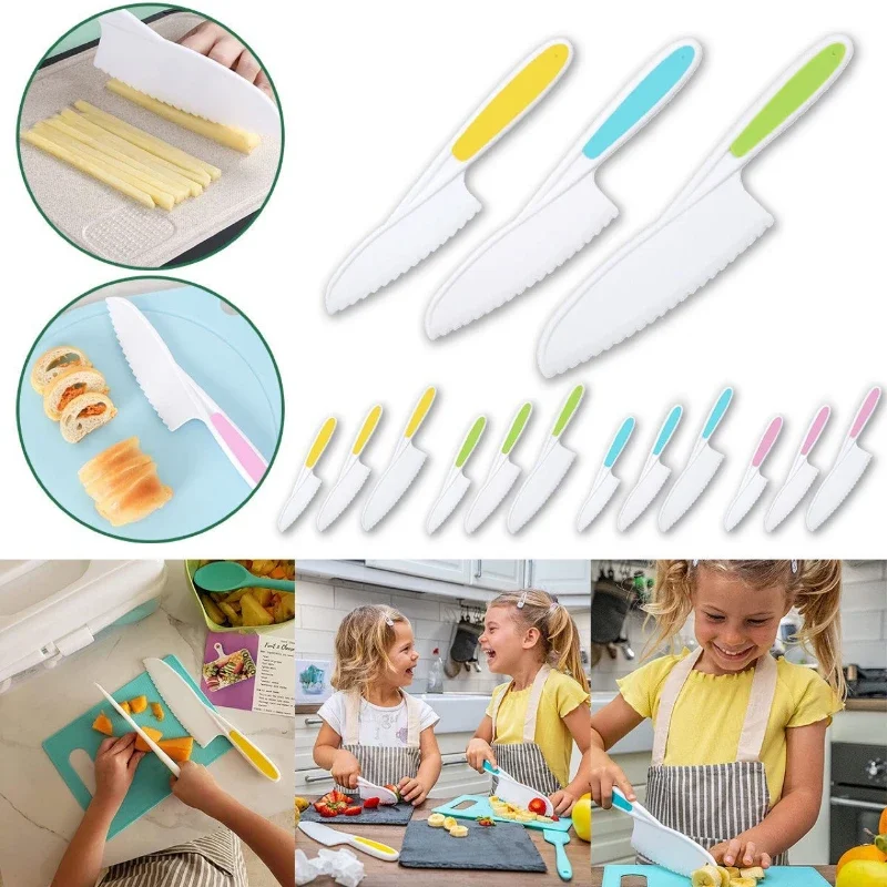 3pcs Kitchen Baking Knife Set Children\'s Cooking Knives Serrated Edges Kids\' Knives Kid Plastic Knife for Kitchen Children