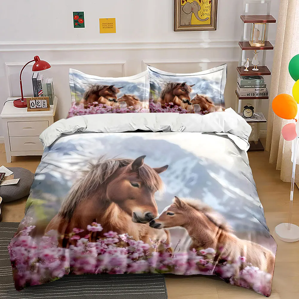 Horse Nature Art Decoration Set Bedding Set with 1 Duvet Cover 2 Pillowcases Single Double King Queen, Gift