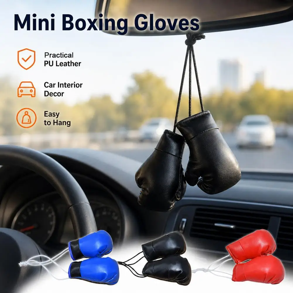 2Pcs Mini Boxing Gloves Car Pendant Rearview Mirror Hanging Ornament Sporty Style Bag Charm Auto Decoration