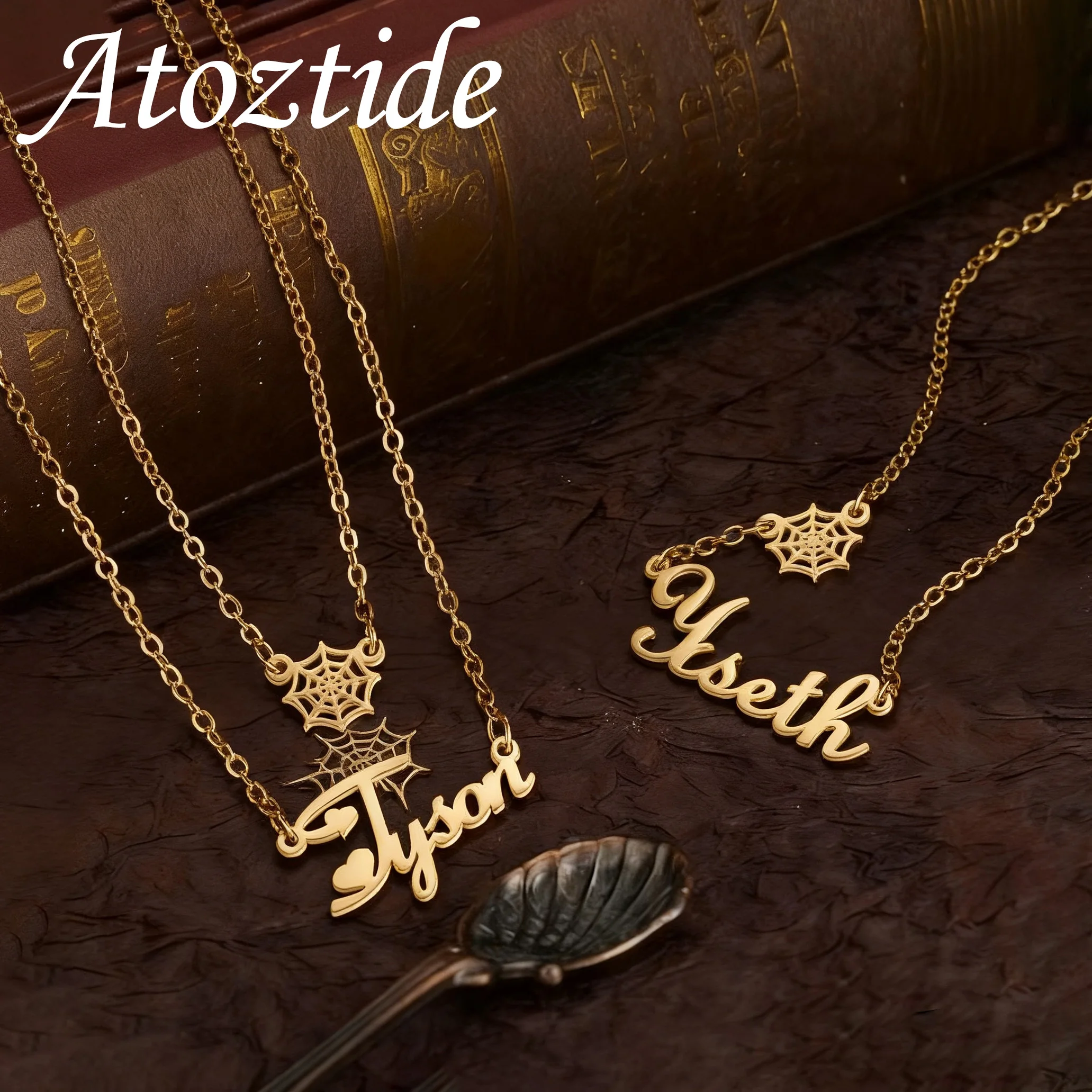 

Atoztide Custom Name Necklace for Women Stainless Steel Halloween Spider Web Nameplate Figaro Chain Jewelry Personalized Gift