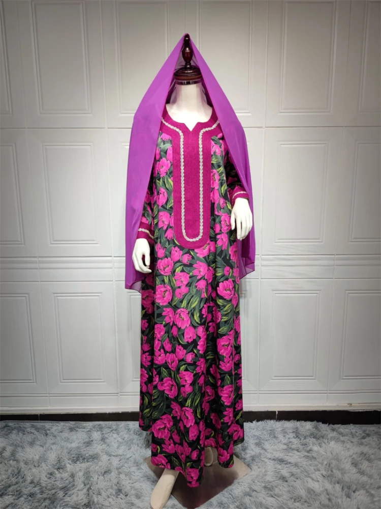 

Abaya Dubai Turkey Muslim Hijab Dress Floral Printed Dress Luxury Diamonds V-neck Patchwork Long Sleeve Ramadan Clothes Spring