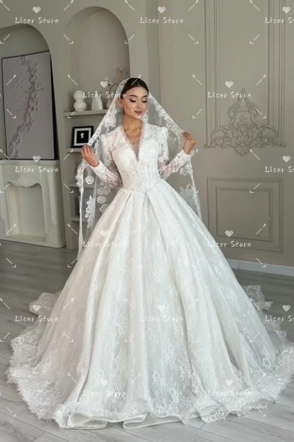 Liser Customized Ivory V Neck Long Sleeve Full Lace Ball Gown Wedding Dress Flared Skirt Long Scalloped Train Matching Lace Veil