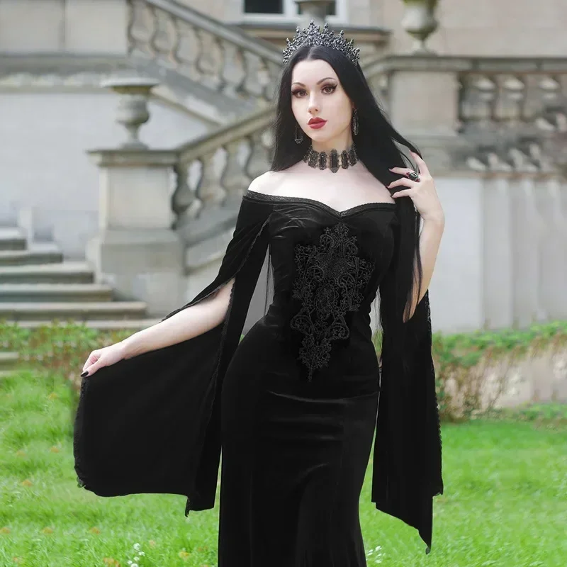 Mall Gothic Dark กํามะหยี่ชุดผู้หญิง Elegante ความงาม Fairycore Grunge เย็บปักถักร้อยปิดไหล่ Flare Sleeve Dreses