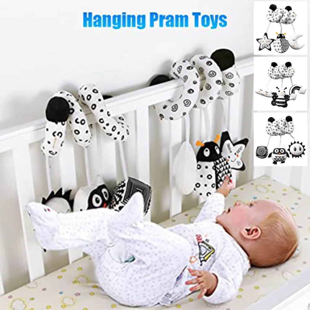 Baby Crib Toy Stroller Stretch Spiral Plush Toys Cartoon Animal Crib Winding Rattles Black & White High Contrast Sensory Toys