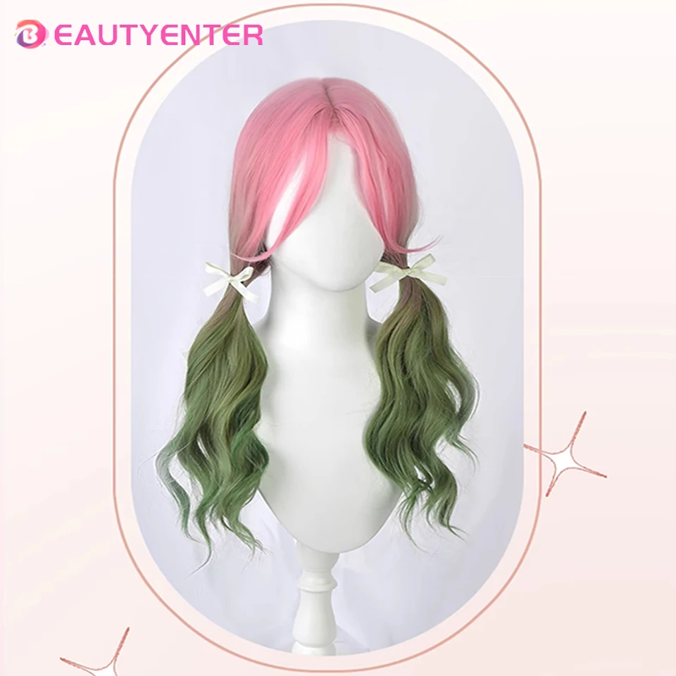 BEAUTYENTER Peruka syntetyczna Szykowne dziewczyny Cosplay Włosy Gradient Szary Różowy Zielony 60cm Długie faliste Lolita Śliczne grzywki Skóra