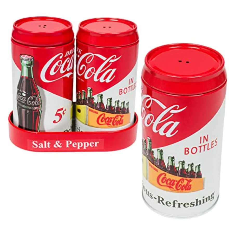 

Coca Cola Salt and Pepper Shaker Set in Metal Caddy