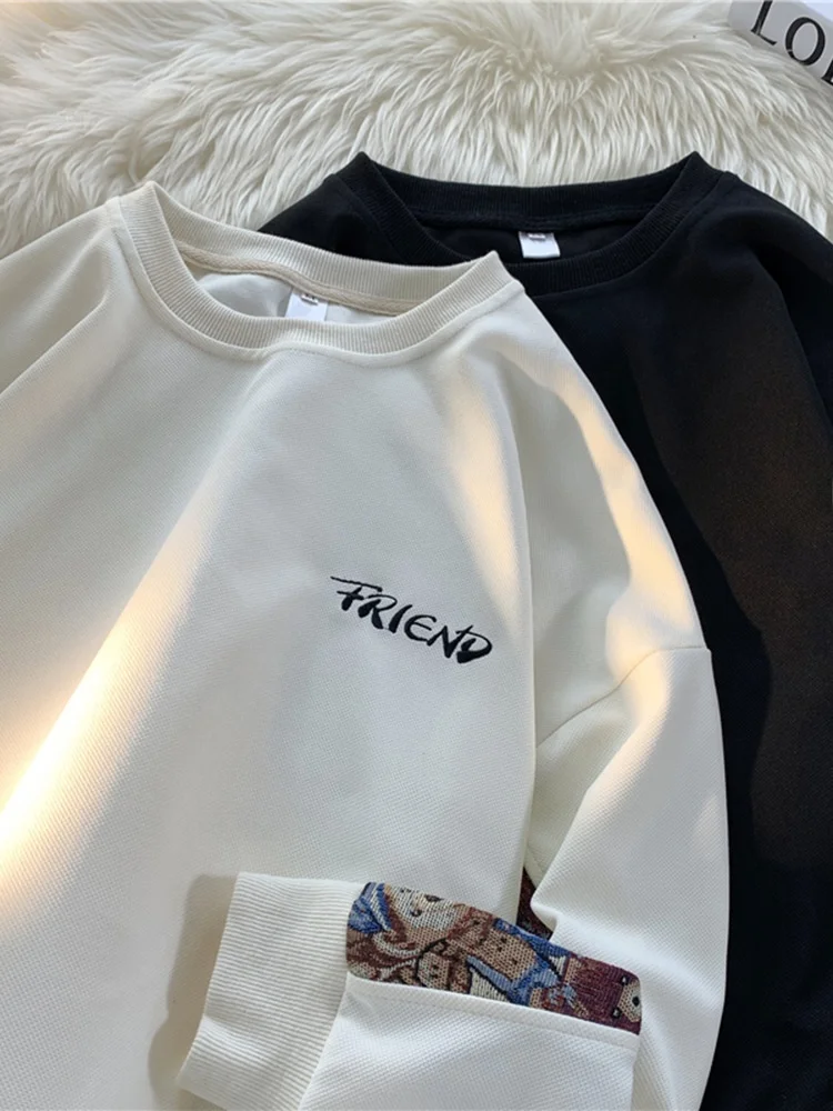 

Модный американский свитшот с вышивкой и пэчворком, мужской свободный топ с круглым вырезом на весну и осень, молодежная универсальная верхняя одежда