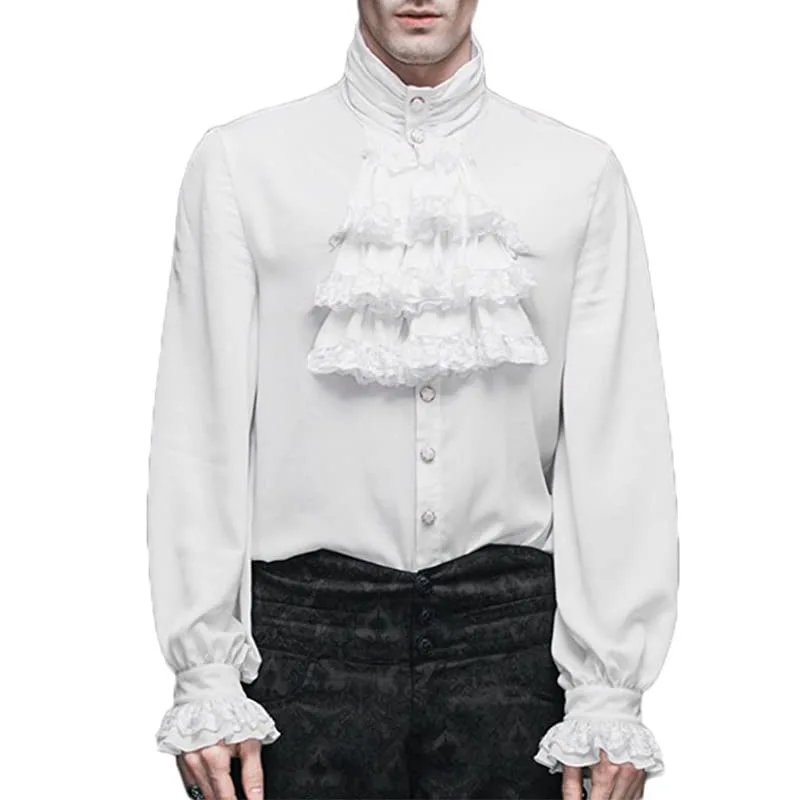 Gothic Men Shirt Lotus Leaf Collar Long Sleeved Blouse Vintage Ruffled Lace Up Top Cosplay Prince Drama Stage Costume
