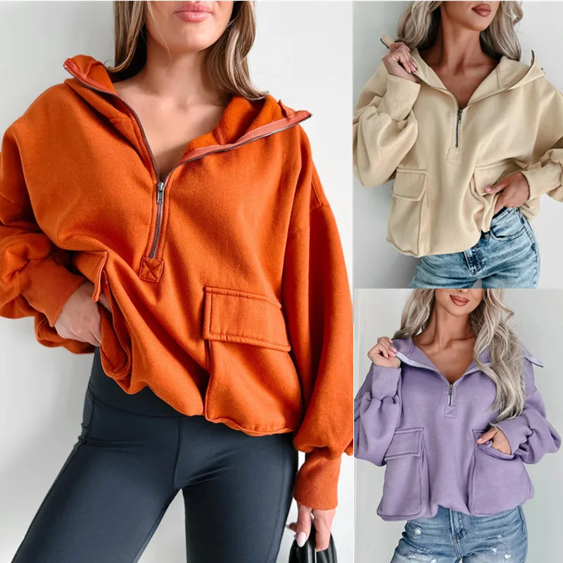 Autumn and Winter New Tooling Pocket Half Zipper V-neck Fashion Thermal Hoodie Women