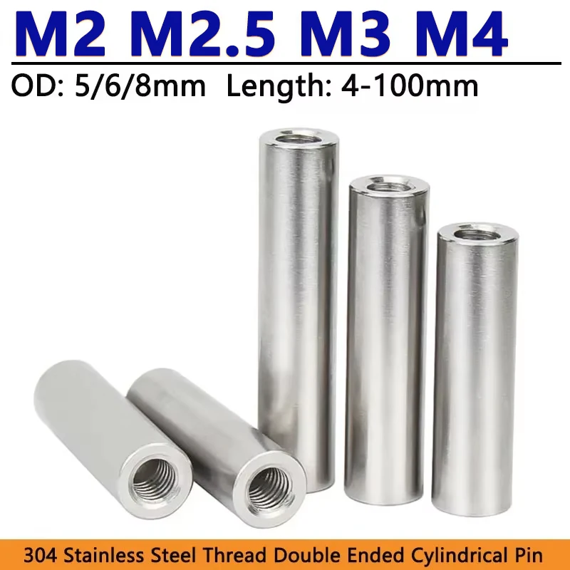 M2 M2.5 M3 M4 Female Thread Double Ended Cylindrical Pin 304 Stainless Steel Locating Dowel Pin Both Ends with Hole Length 4-100