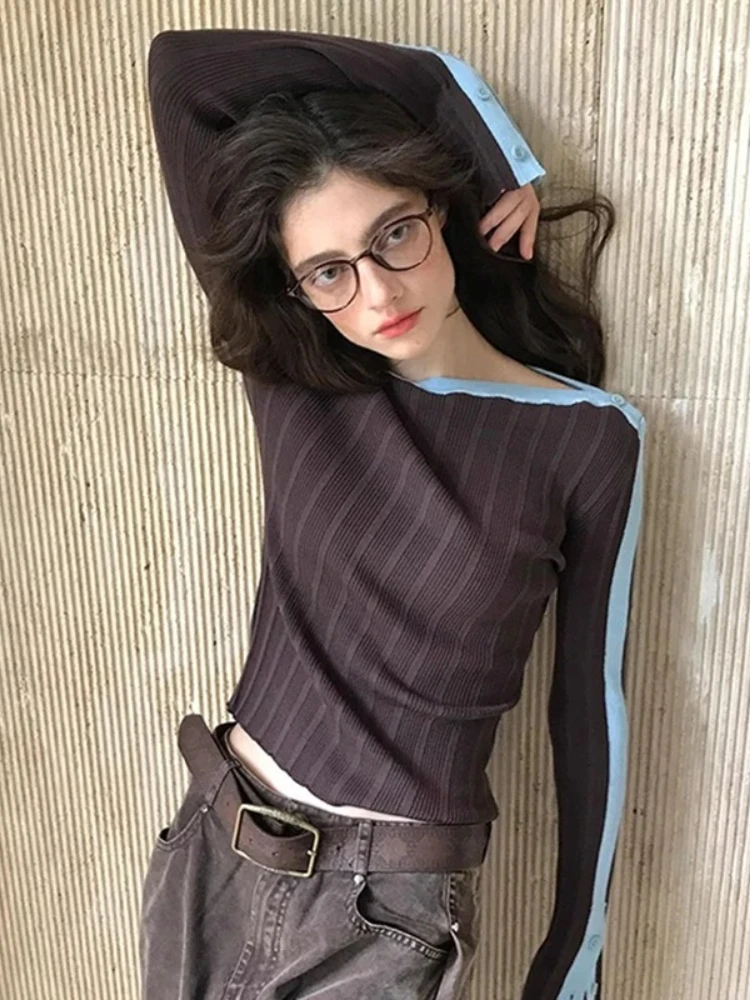 

Vintage Slash Neck Slim T-Shirts Women Harajuku Cropped Patchwork Knitted Pullovers Korean Off Shoulder Knitwears Casual Tops