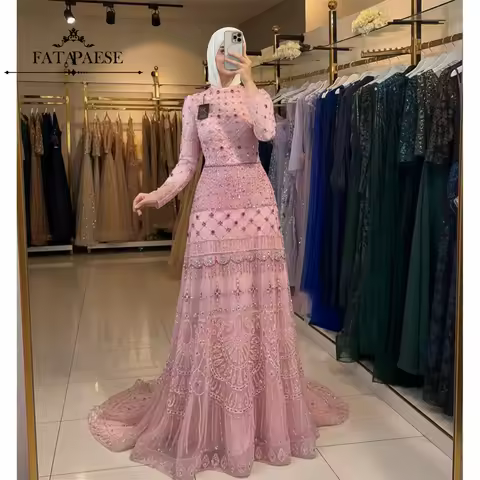 FATAPAESE Full Crystals Gems Luxury Evening Dresses 2026 Pink Long Sleeve Saudi Arabia Dress for Ramadan Wedding Guest Dress