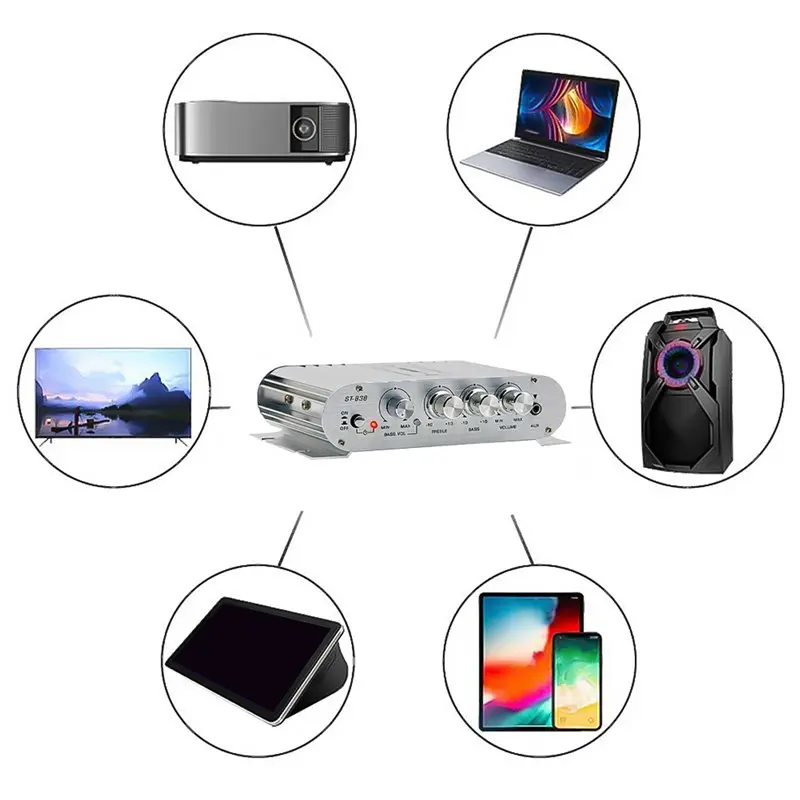 ABZW 2X ST-838 Hifi 2.1 Channel Power Amplifier 80Wx2 Stereo Bass Sound Amp With Subwoofer Output Home Audio Amplifier White