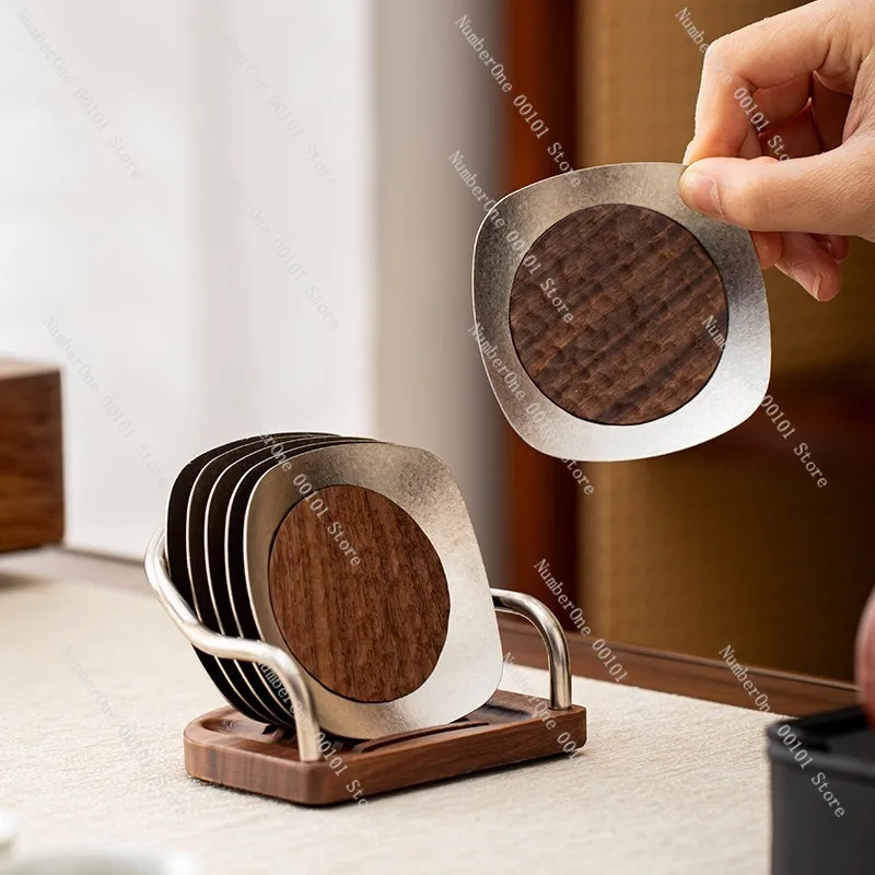 Elegant Chinese Style Pure Titanium Tea Cup Coaster Set Premium Walnut Wood Gongfu Tea Accessories Creative Heat Resistant