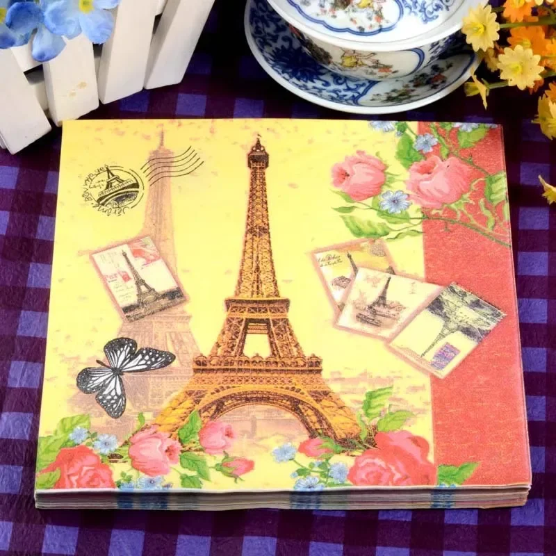 Postcard Style Dish Bone Bart Paper Butterfly Tower Print Party Decoration Disposable Paper Placemat 2-Ply 20pcs/Pac 33*33cm