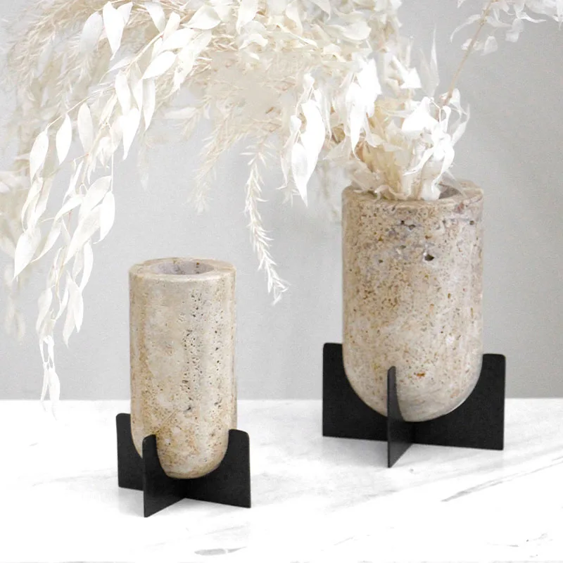 Modern House Sales Office Natural Yellow Travertine Vase Ornaments Living Room Dining Room Flower Arrangement Home Decorations