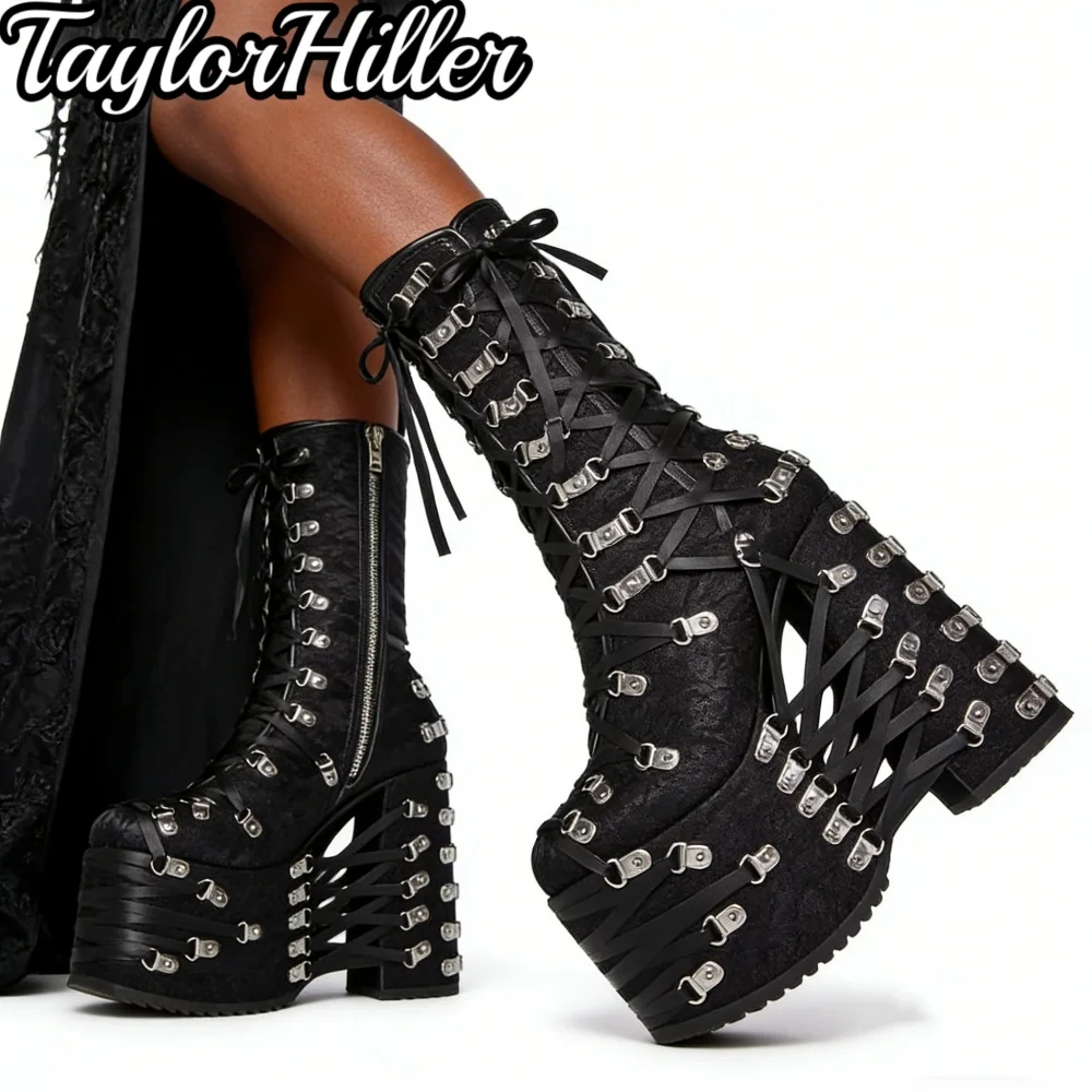 

Luxury Street Style Platform Strappy Boots Round Toe Block Heel Cross Strap Botas Black Rock Women Designer Shoes Halloween 46