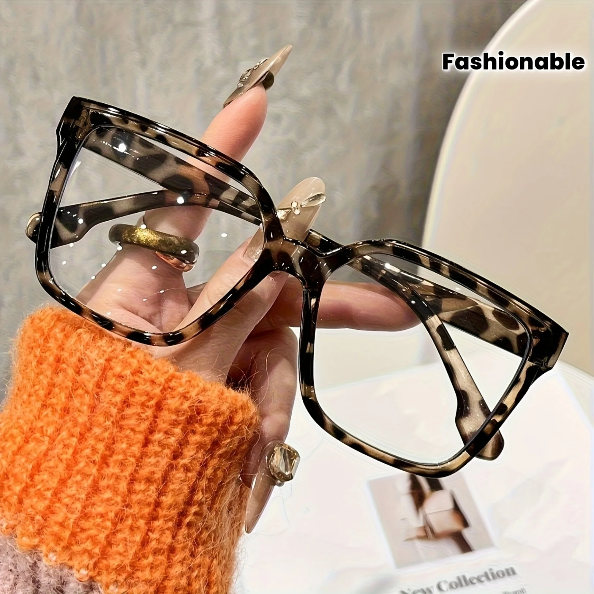 1 pair of women's bohemian large square transparent glasses, fashionable leopard print and solid color, PC polycarbonate material, full frame design
