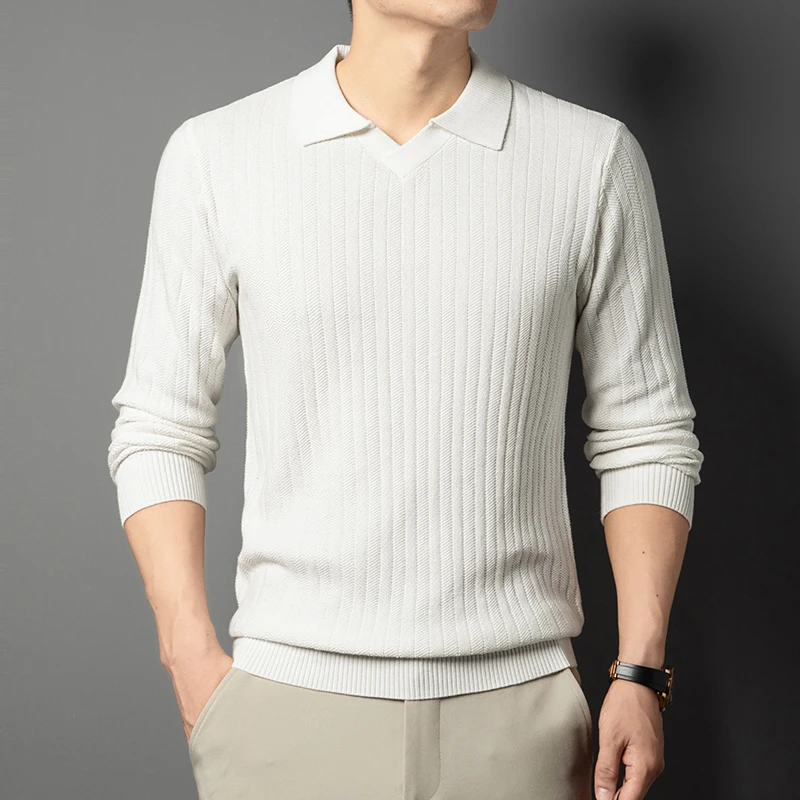 100% cotone uomo maglione alla moda 2025 autunno inverno colletto rovesciato maglieria maglione a maniche lunghe polo in maglia di puro cotone
