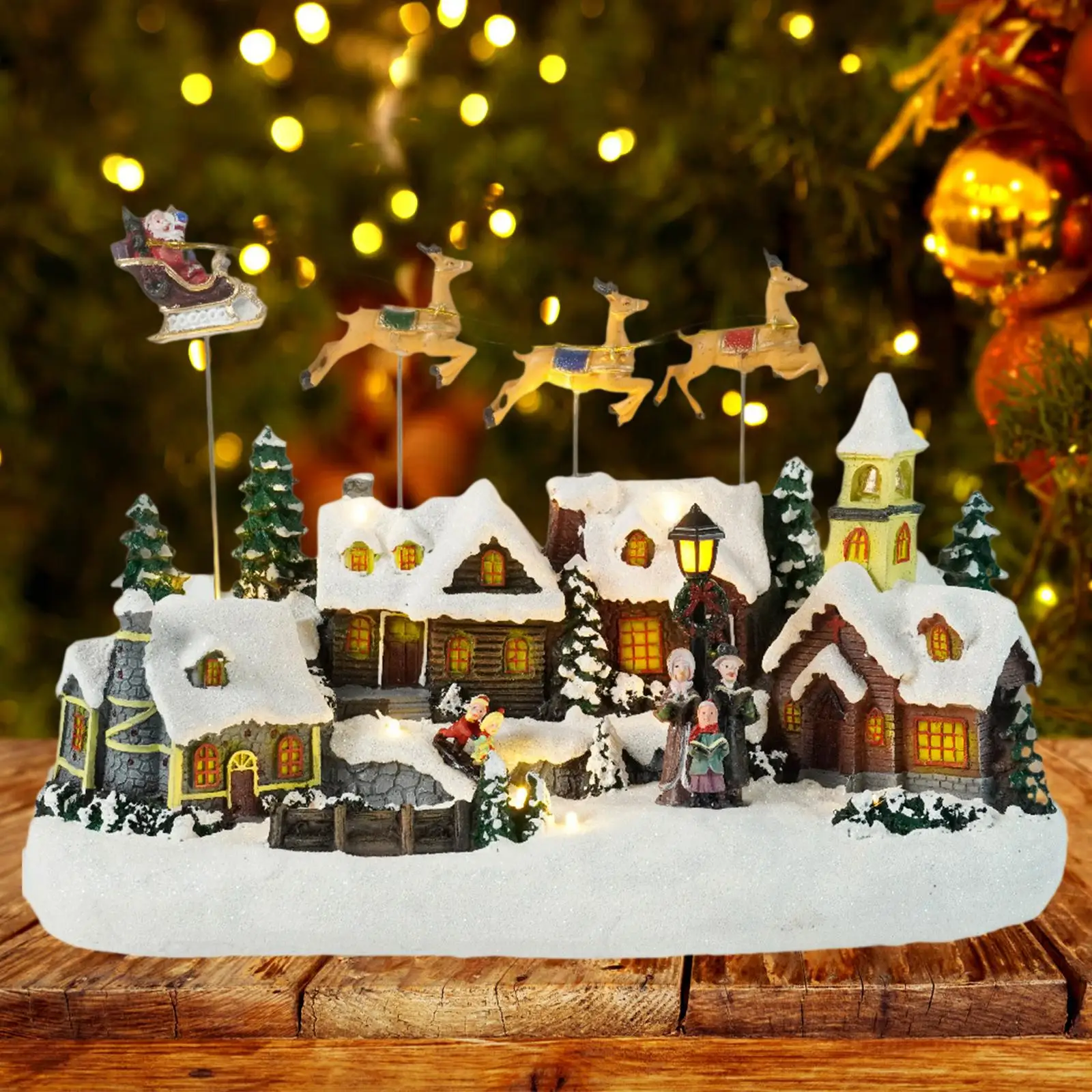 

LED Xmas Snow Village House Xmas Ornament Resin Christmas Scene Fireplace Office Desk Christmas Decorations Collectable Building
