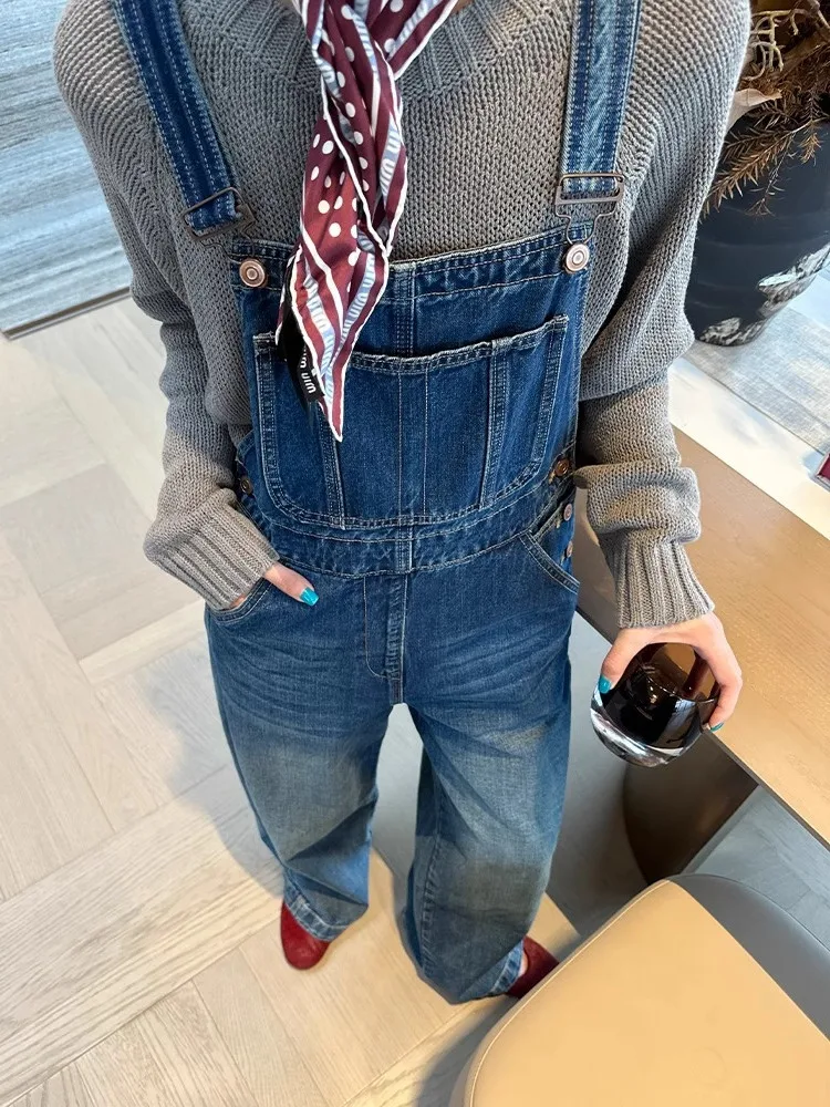 American Sle Vintage Denim Overalls Women's Spring Summer Small Size New Loose Slimming Wide Leg Jumpsuit High Waist