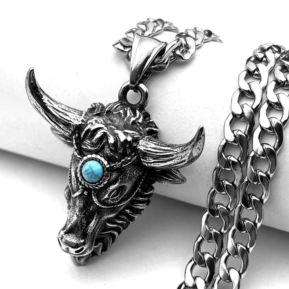 

Gothic Punk Bull Head Turquoise Stainless Steel Pendant Necklace for Women Men Silver Color Vintage Chain Jewelry Amulet Gift