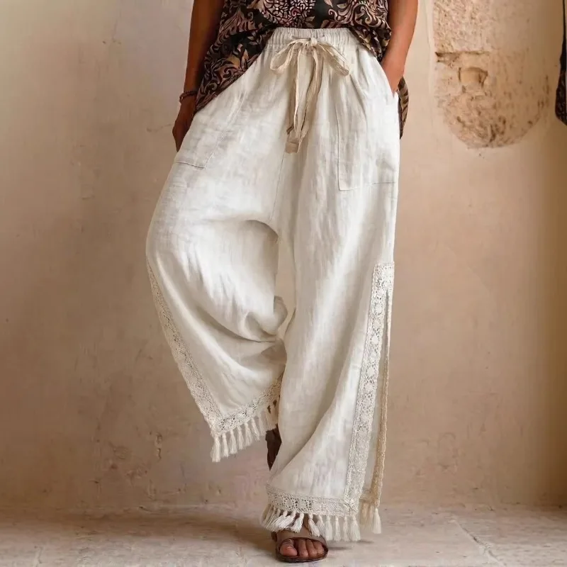 New Women's Linen Lace Tassel Slit Wide Leg Pants Summer Retro Drawstring Loose Casual Trousers Boho Vacation Style Women Pants