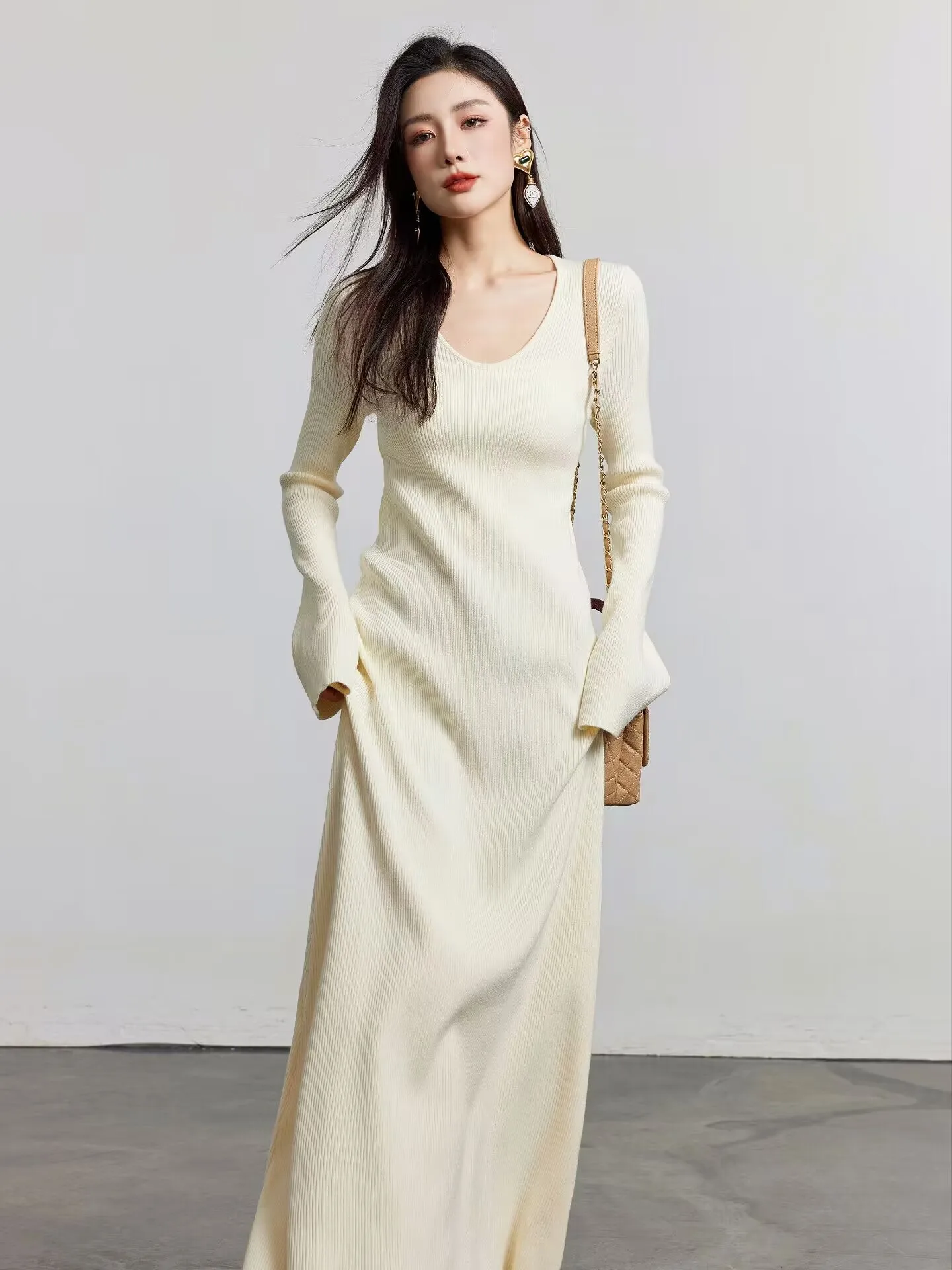 Elegant V-neck Knitted Dress for Women Autumn Winter Solid Color Slim Sweater Long Dress Lady's Fashion White Strecth Streetwear