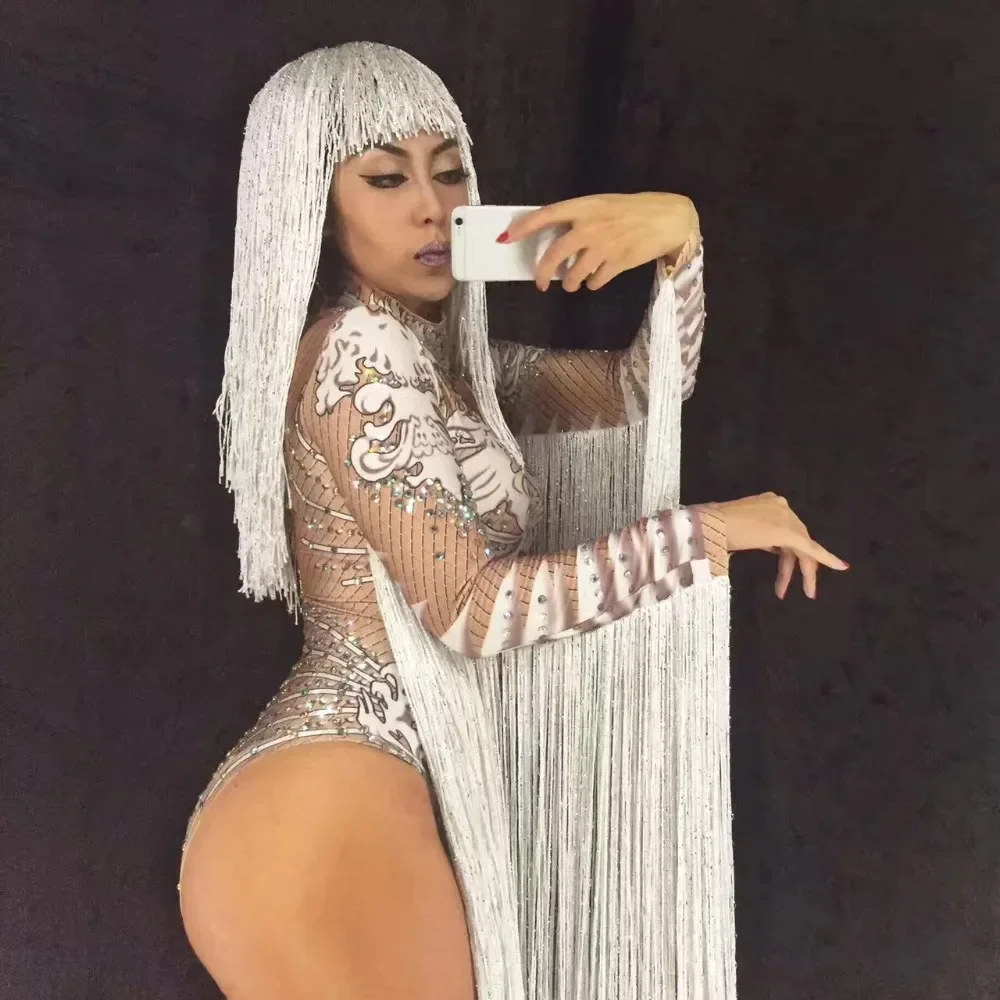 

tassels White crystals bodysuit female costumes nightclub bar sexy Jumpsuits rhinestones outfit performance singer DJ show