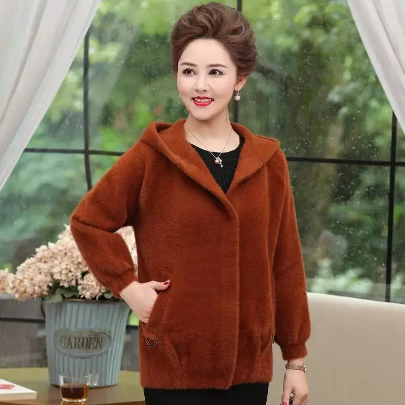 Imitation Mink Velvet Coat Women\'s Spring Autumn Sweater Thickened Jacket Hooded Knitting Outwear 2024 New Cardigan Female Tide