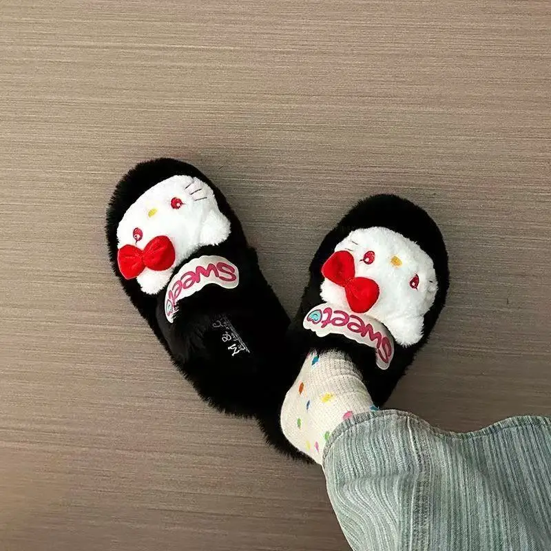 

drop shipping hello kitty grils slipper 2025 new autumn and winter popular soft bottom warm cotton black slipper for women