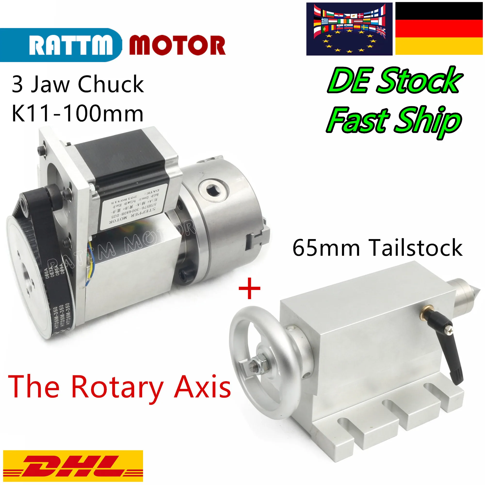 【EU Store】Rotary Axis K11-100mm 3Jaw Chuck 4th Axis+65mm Tailstock Dividing Head Rotation Axis for CNC Router/ Engraving Machine