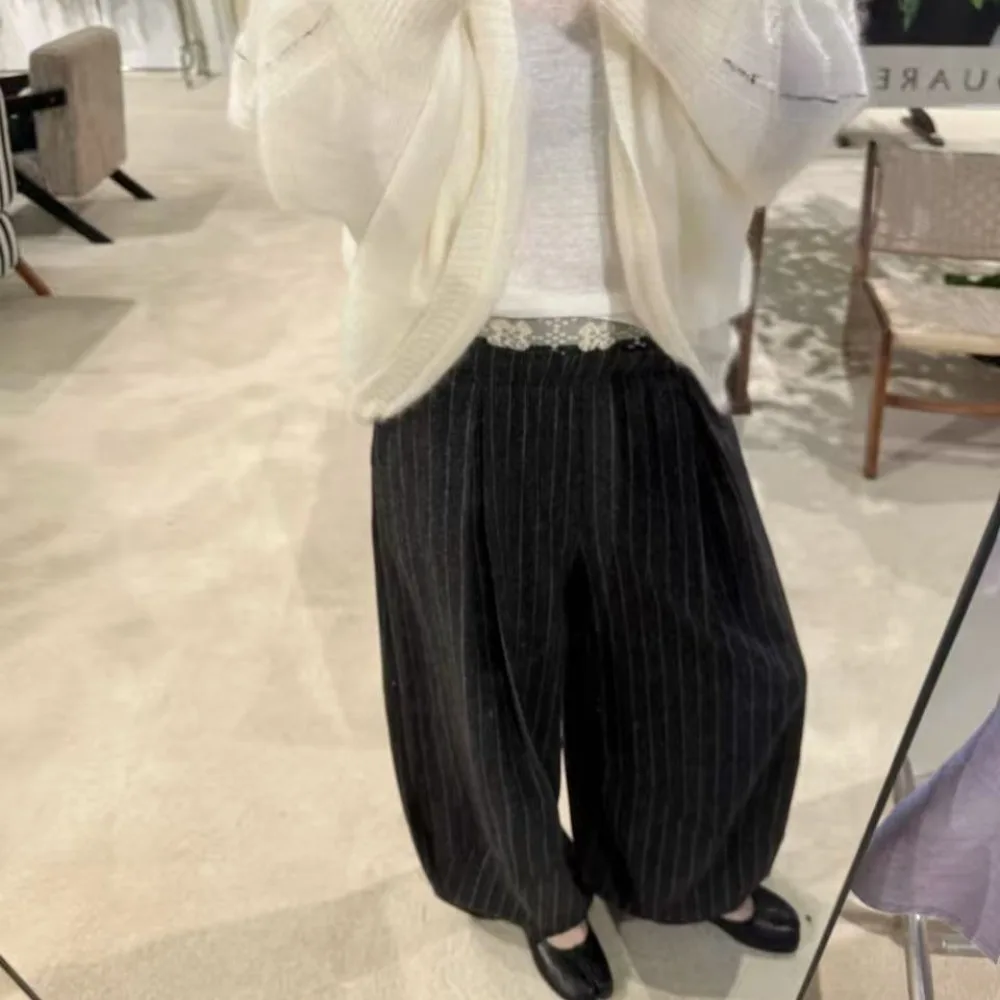 Knitted Waistband Draped Casual Striped Trousers for Women