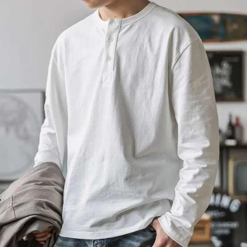 Man Base Layer 2025 Autumn New Retro Henley Shirt Men's Plus Size Loose Fit Collared Long Sleeve Base Layer