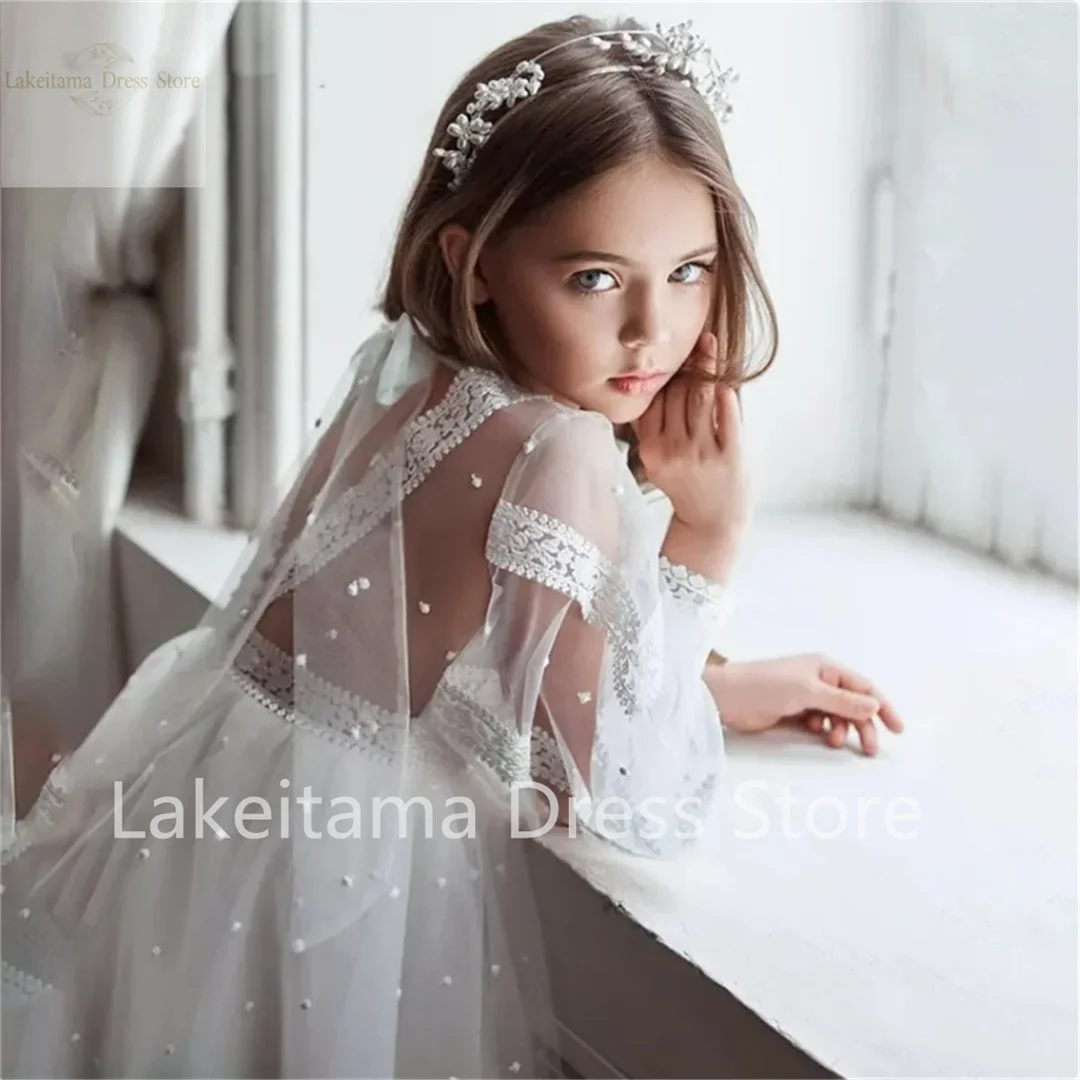 Flower Girl Dress White Fluffy Tulle Lace Applique Wedding Elegance Flower Child\'s First Eucharist Birthday Party Girl Gift