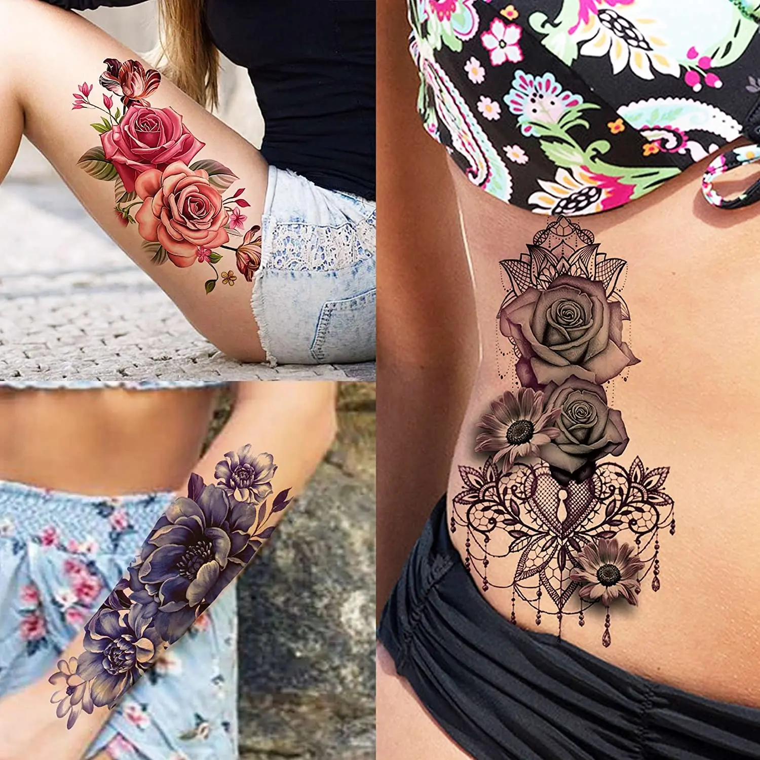 Tatuajes temporales de flores de peonía para mujeres adultas, tatuaje falso de mariposa 3D, pegatina de tatuajes florales de acuarela realista, 10