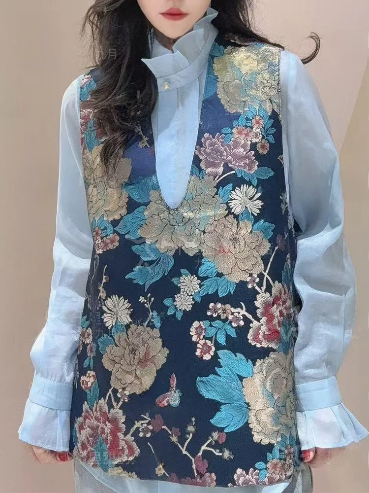 Novo Colete Vintage Estilo Chinês para o Ano Novo, Estampa de Tinta a Água Lan Ting, Colete Quente de Poliéster com Decote em...