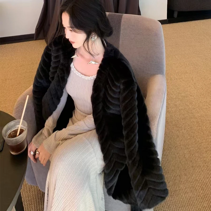 Winter Striped Women Tops Mink Coat Luxury Eco-friendly Fur Faux Mink Soft Belted Coats Long Sleeve Jacket Clothing Trendy New