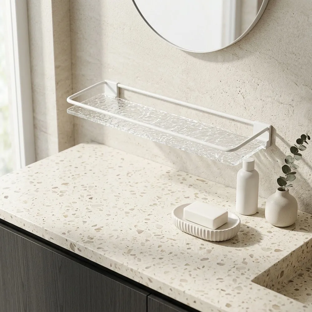 Minimalist Glass Shelf for Bathroom Wall Space Optimization No Screw Drilling Required 30cm for L x 10.5cm W x 11cm H