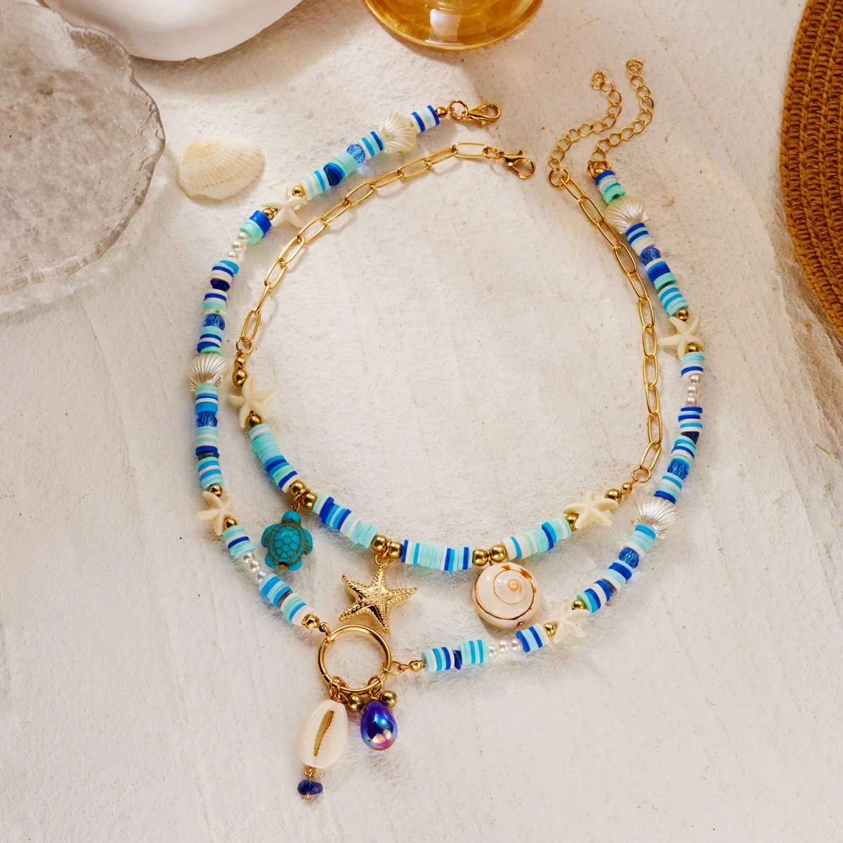 Halskette mit Seestern, Muschel, Schildkröte und Quaste aus Kunstharz für Damen und Herren, doppellagig, blau, aus weicher Tonperlen, Sommer-Strandschmuck – Detail 19